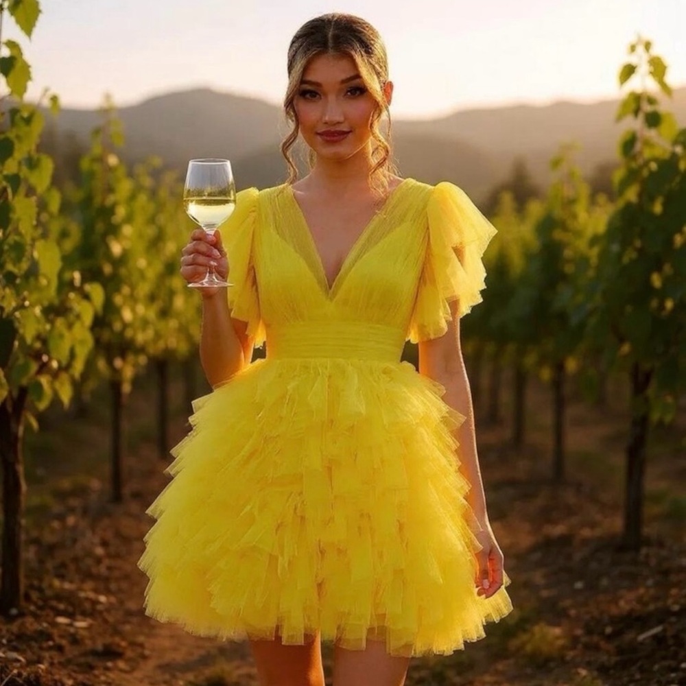 Yellow Flutter Ruffle Sleeve Tiered Dress